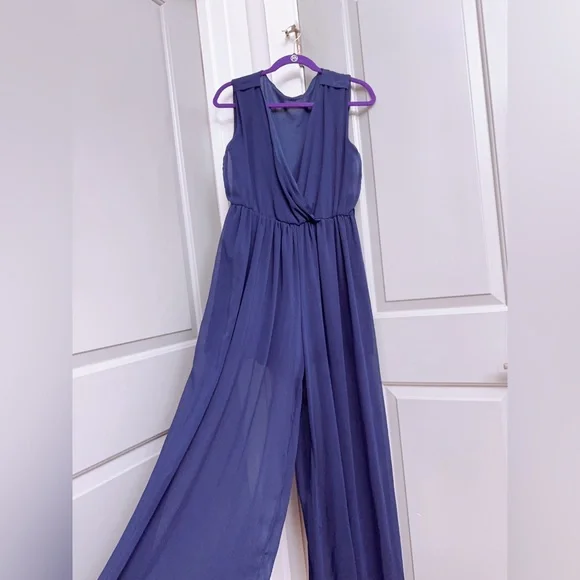 Xtaren Navy Blue Chiffon Wrap-Style Jumpsuit Size Medium - Picture 3 of 4